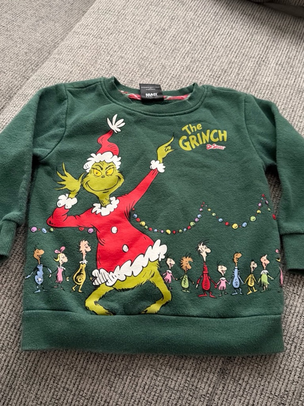 MAD Engine Dark Green Grinch Sweatshirt with Red & Yellow Graphic